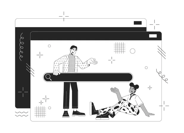 Communication Technology 2 D Linear Illustration Concept Web Site Diverse Users Searching Data Cartoon Characters Isolated On White Internet Data Sources Metaphor Monochrome Vector Art Illustration