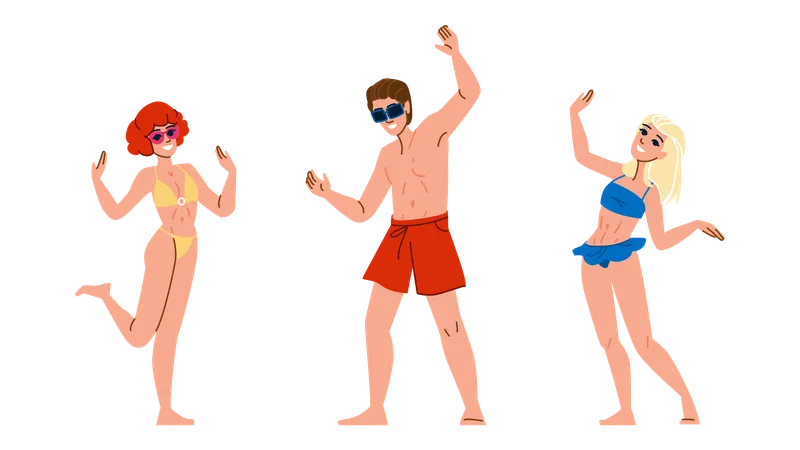 Sea Party Beach Vector Sunset Holiday Travel Silhouette Friends Dance Sea Party Beach Character People Flat Cartoon Illustration Illustration
