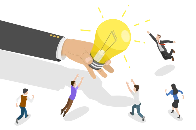 3 D Isometric Flat Vector Conceptual Illustration Of Chasing Idea People Are Fighting For The Light Bulb Giving Them By A Big Hand Illustration