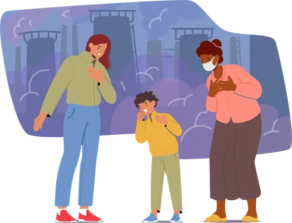Women And Child Characters Coughing Amidst Thick Air Pollution Sorrowful People Don Protective Masks Their Eyes Reflecting Concern The Atmosphere Tainted And Heavy Cartoon Vector Illustration Illustration
