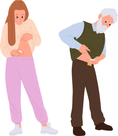 Young Woman And Senior Man Diabetic Patient Cartoon Characters Applying Insulin Self Injection Making Drugs Shot Into Abdominal Area Self Treatment Healthcare And Therapy At Home Vector Illustration イラスト
