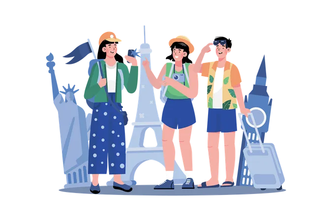 People are joining a sightseeing tour  Illustration