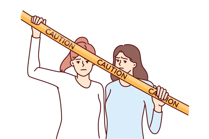 Women Near Yellow Caution Tape Prohibiting Passage To Crime Scene Or Territory Closed To Strangers Two Girls Are Unhappy With Restriction And Caution Tape Restricting Freedom Of Movement イラスト