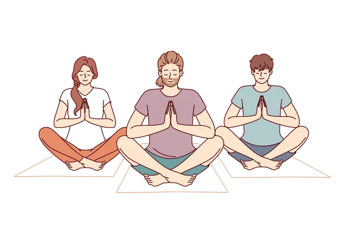 People Do Meditation And Yoga Sitting On Fitness Mats And Taking Lotus Position To Do Zen Practice Friends Meditate And Do Yoga To Cleanse Soul And Improve Mental State After Difficult Life Period Illustration