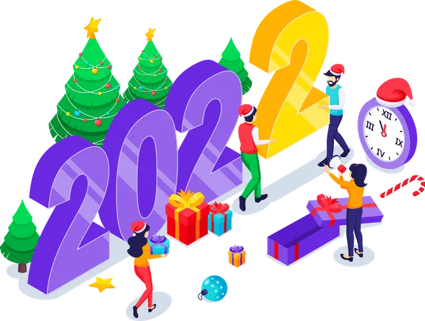 People Are Preparing For The New Year 2022 By Changing The Number Of The Year Before Midnight Merry Christmas And Happy New Year Design Concept Isometric Vector Illustration Illustration