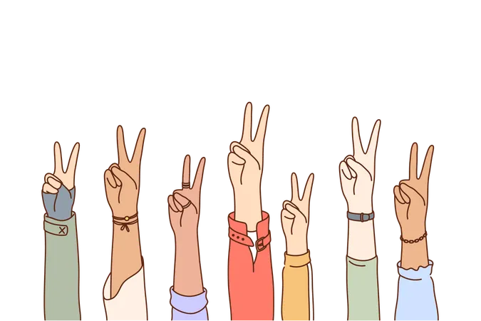 Peace Protest Pacifism Multiethnicity Concept Set Collection Of Human Male Female Cartoon Characters Hands Raising Two Fingers Or Peaceful Sign In Air Multiracial Solidarity And Pacifist Symbol Illustration