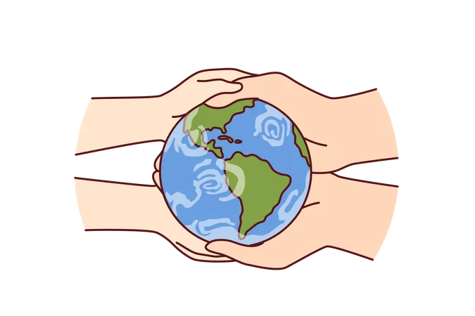 Globe In Hands Of Two People Caring About Planet Earth And Wishing To Save Nature From Pollution And Climate Change Miniature Globe To Advertise Environmental Initiatives To Reduce Co 2 Emissions Illustration