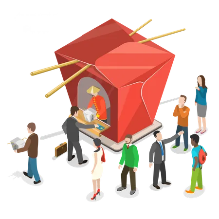 People are stand in line for Chinese food to the Chinese restaurant shown as a cardboard box for Chinese dishes  Illustration
