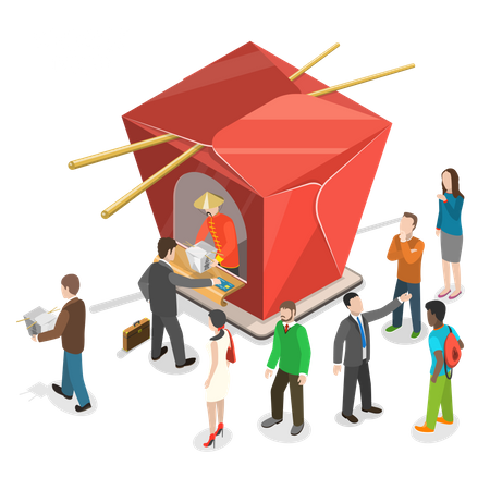 People are stand in line for Chinese food to the Chinese restaurant shown as a cardboard box for Chinese dishes  Illustration