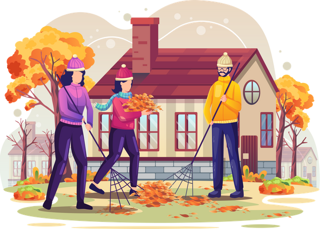 People are sweeping the fallen leaves Illustration