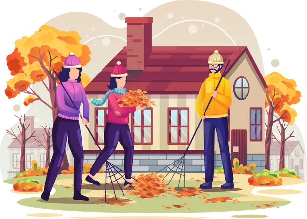 People are sweeping the fallen leaves Illustration