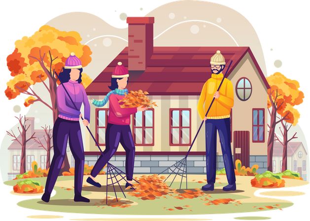 People are sweeping the fallen leaves  Illustration