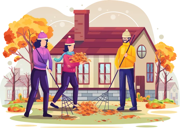 People are sweeping the fallen leaves  Illustration