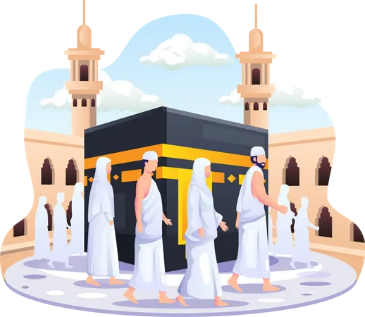 Islamic Hajj Pilgrimage People Are Walking Around The Kaaba Flat Vector Illustration Illustration
