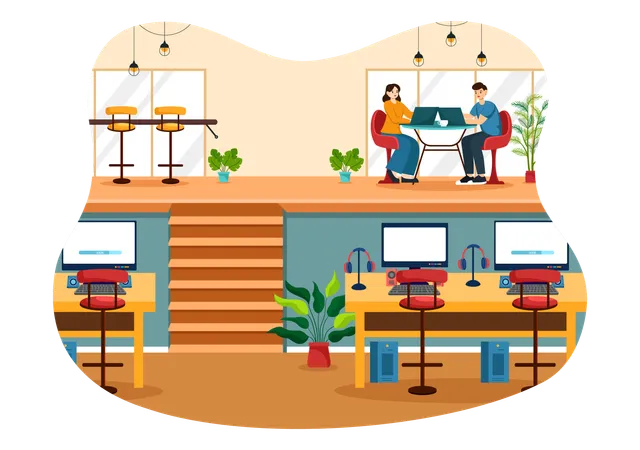 Internet Cafe Vector Illustration With Building For Young People Playing Games Workplace Use A Laptop Talking And Drinking In Flat Background Illustration