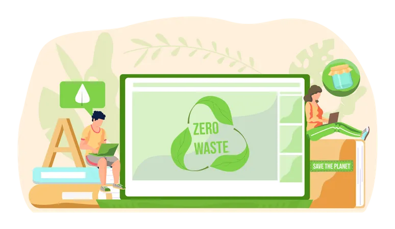 A Man With A Laptop Sends An Emoticon With A Picture Of A Leaf By Email Girl Sitting On A Book With An Inscription And Working Or Studying On Her Computer Zero Waste Screen With Recycling Logo Illustration