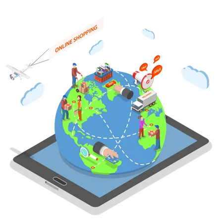 People around the world make purchases using online stores staying on the Earth model that protrudes from tablet  Illustration