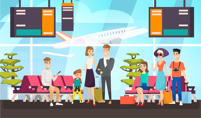 People at airpot and waiting for boarding entry  イラスト