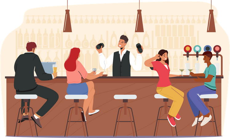 People at bar having beer and drinks  Illustration
