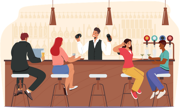 People at bar having beer and drinks  Illustration