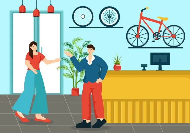 People At Bicycle Store  Illustration