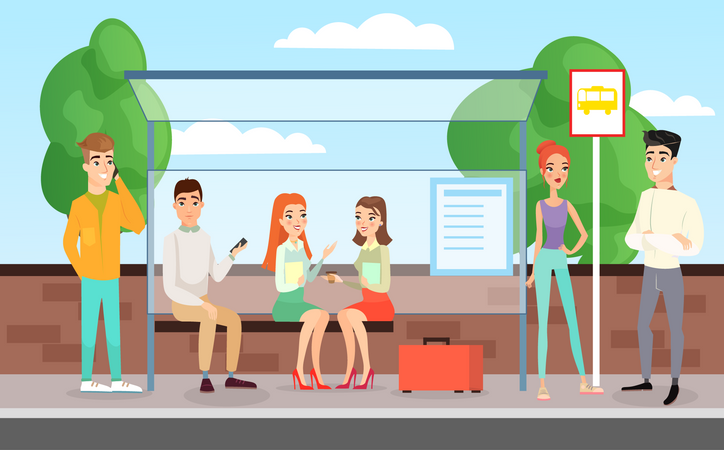 People at bus stop  Illustration