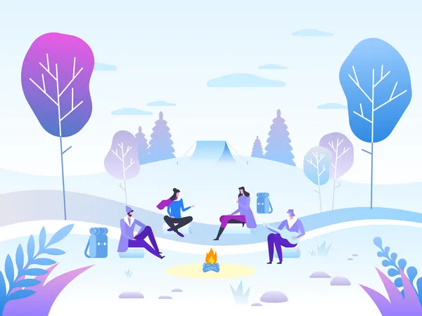 People at camp in winter forest  Illustration