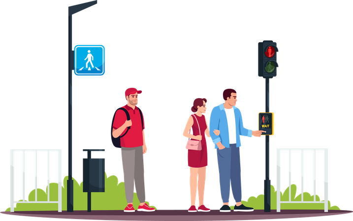 People at crosswalk with wait traffic button  Illustration