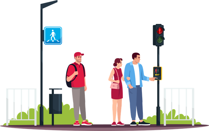 People at crosswalk with wait traffic button  Illustration