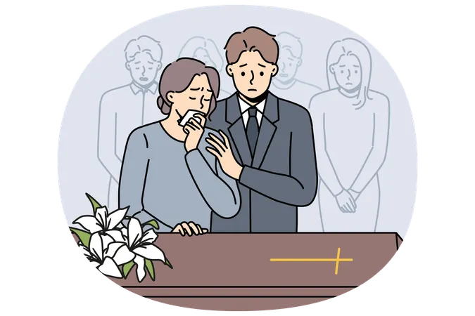 葬儀に参列した人々は、カトリックの十字架がついた棺のそばに立ち、死者を悼み別れを告げる。  イラスト