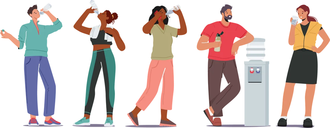 People at gym drinking water Illustration