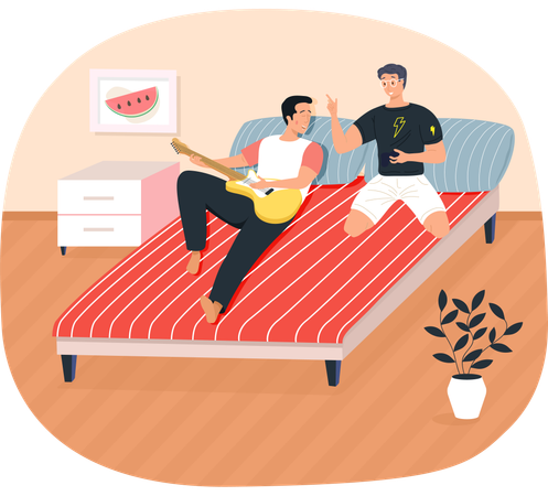 People at home enjoying time with guitar  Illustration