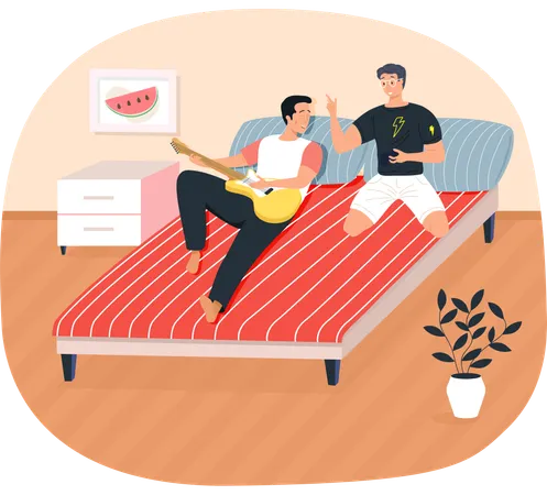 People at home enjoying time with guitar  Illustration