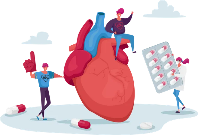 People at Huge Heart Cholesterol Diagnose Illustration