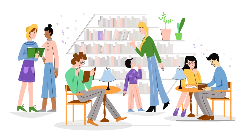 People At Library  Illustration