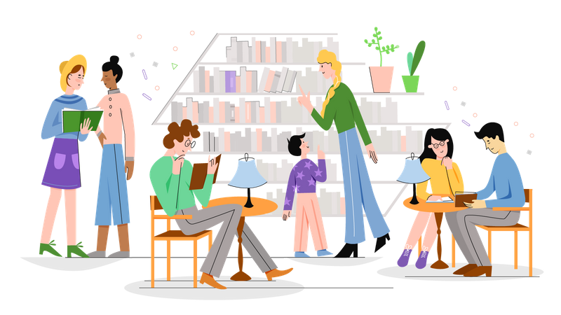 People At Library  Illustration