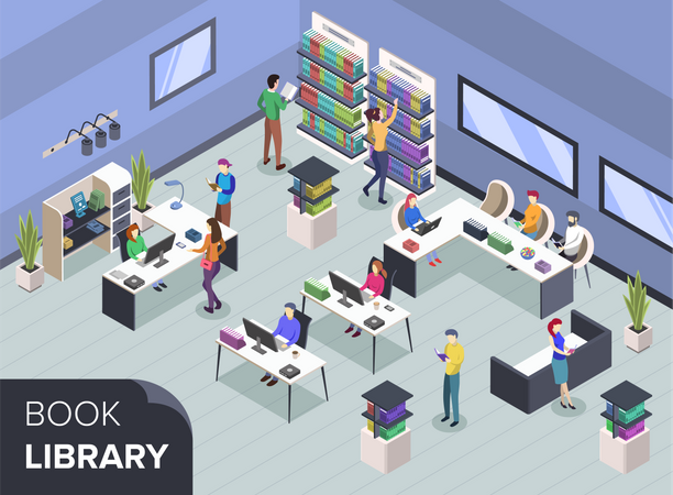 People at modern book library  Illustration