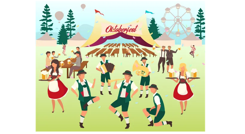 People at october festival dancing and having fun  Illustration