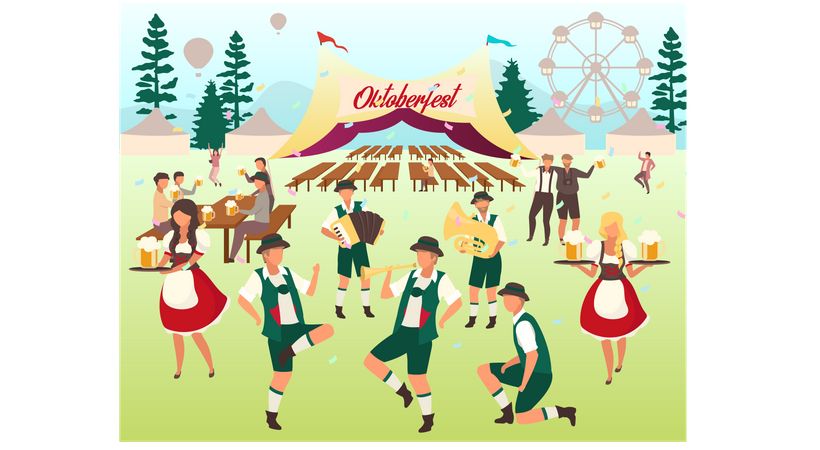 People at october festival dancing and having fun  Illustration