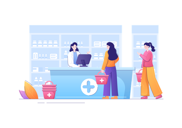 People at pharmacy billing counter  Illustration