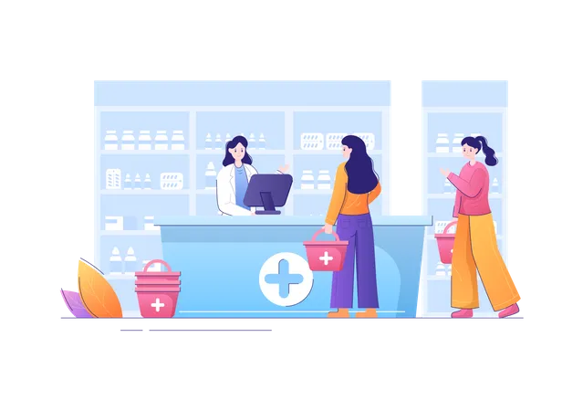 People at pharmacy billing counter Illustration