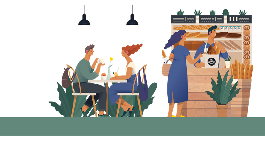 People at roadside bread shop  Illustration