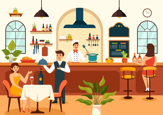 People at Spanish Restaurant  Illustration