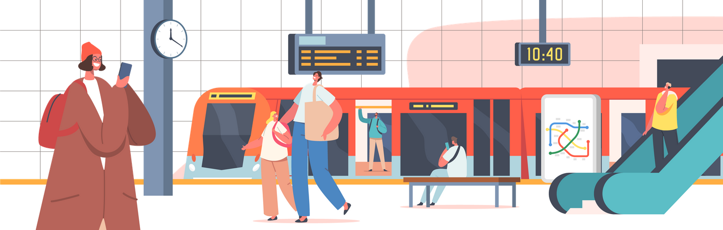 People at Subway Station with Train  Illustration