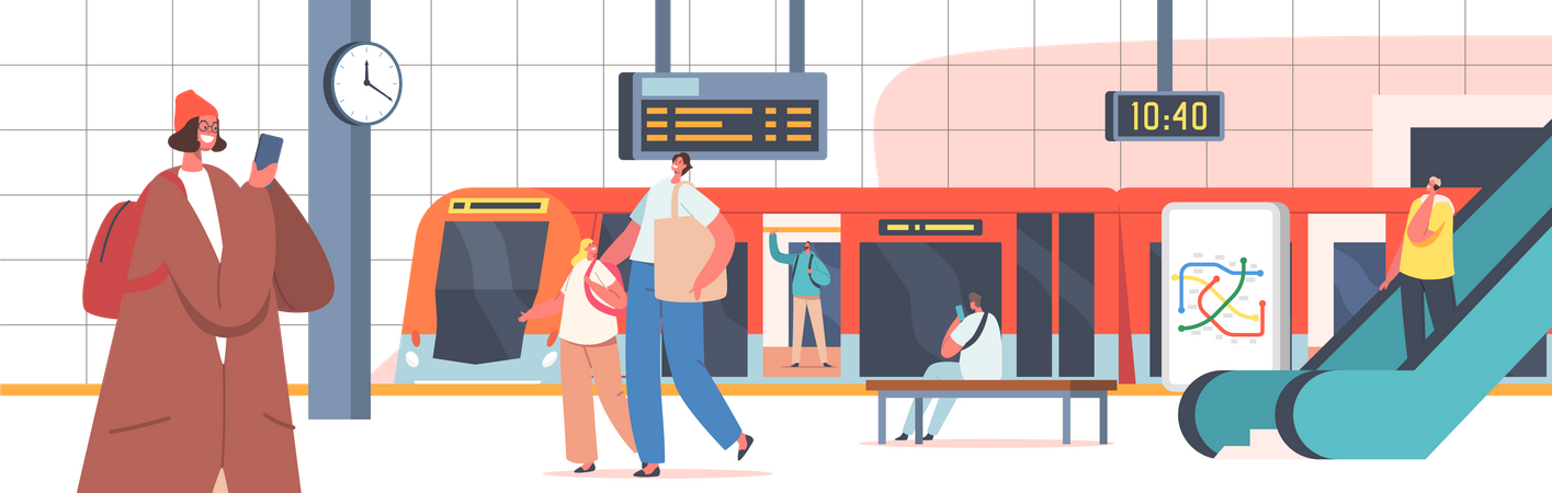 People at Subway Station with Train  Illustration