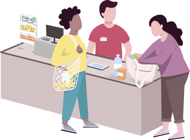 People at supermarket checkout Illustration