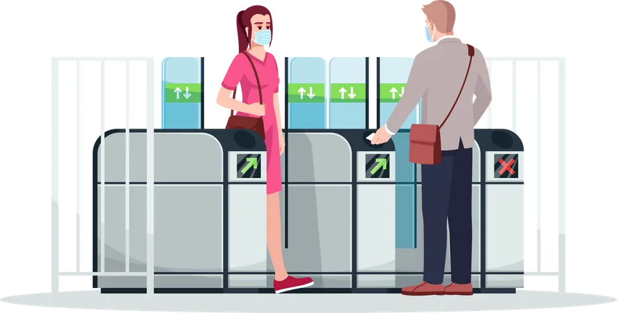 People At Turnstile Semi Flat RGB Color Vector Illustration Commuters Wearing Face Masks Subway Metro Train Station Entrance Security System Isolated Cartoon Characters On White Background Illustration