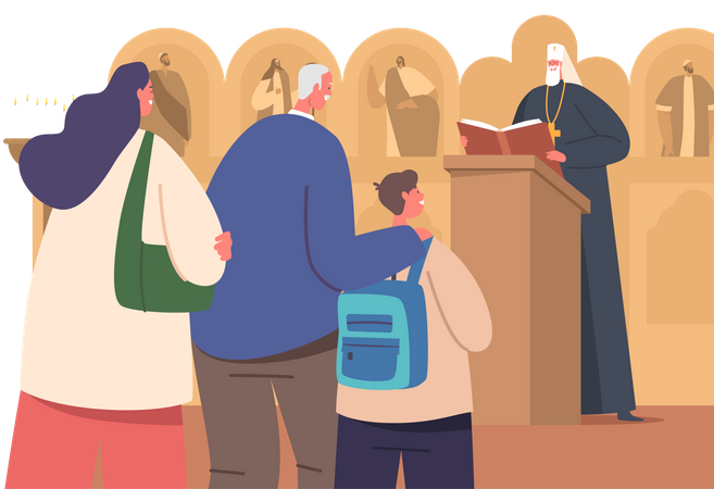 People attend sacramental worship in the orthodox church  Illustration