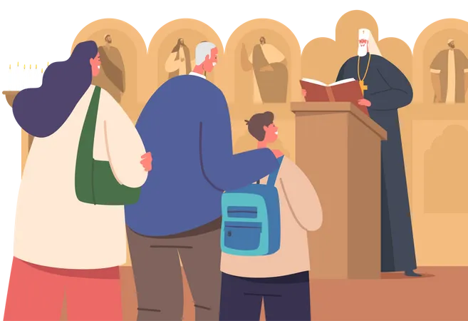 People attend sacramental worship in the orthodox church  Illustration