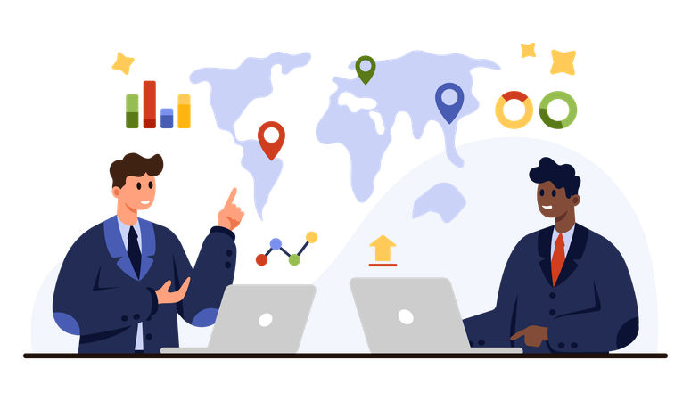 People attending Business Meeting Negotiation with Global Strategy Map  Illustration